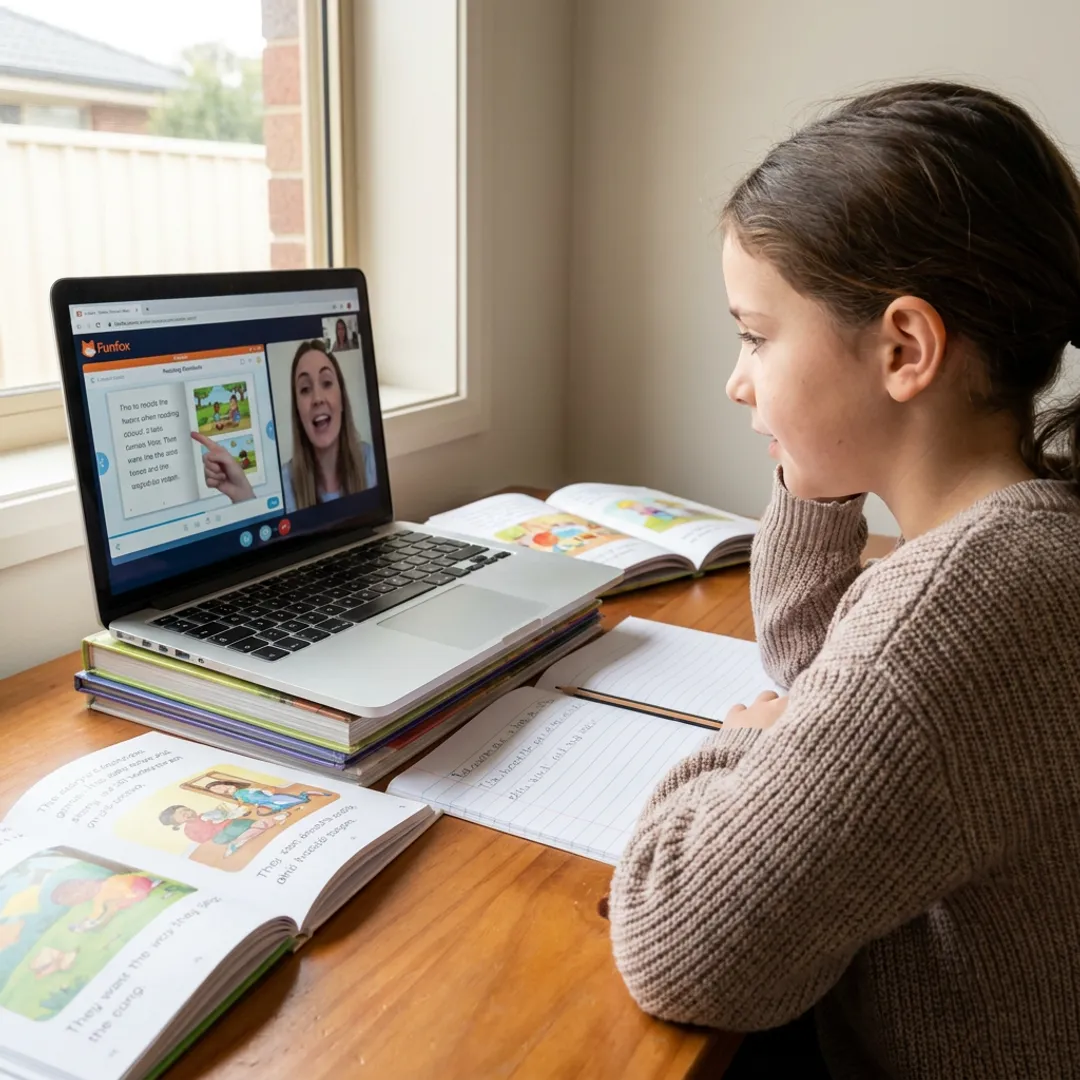 Child participating in an online reading tutoring class