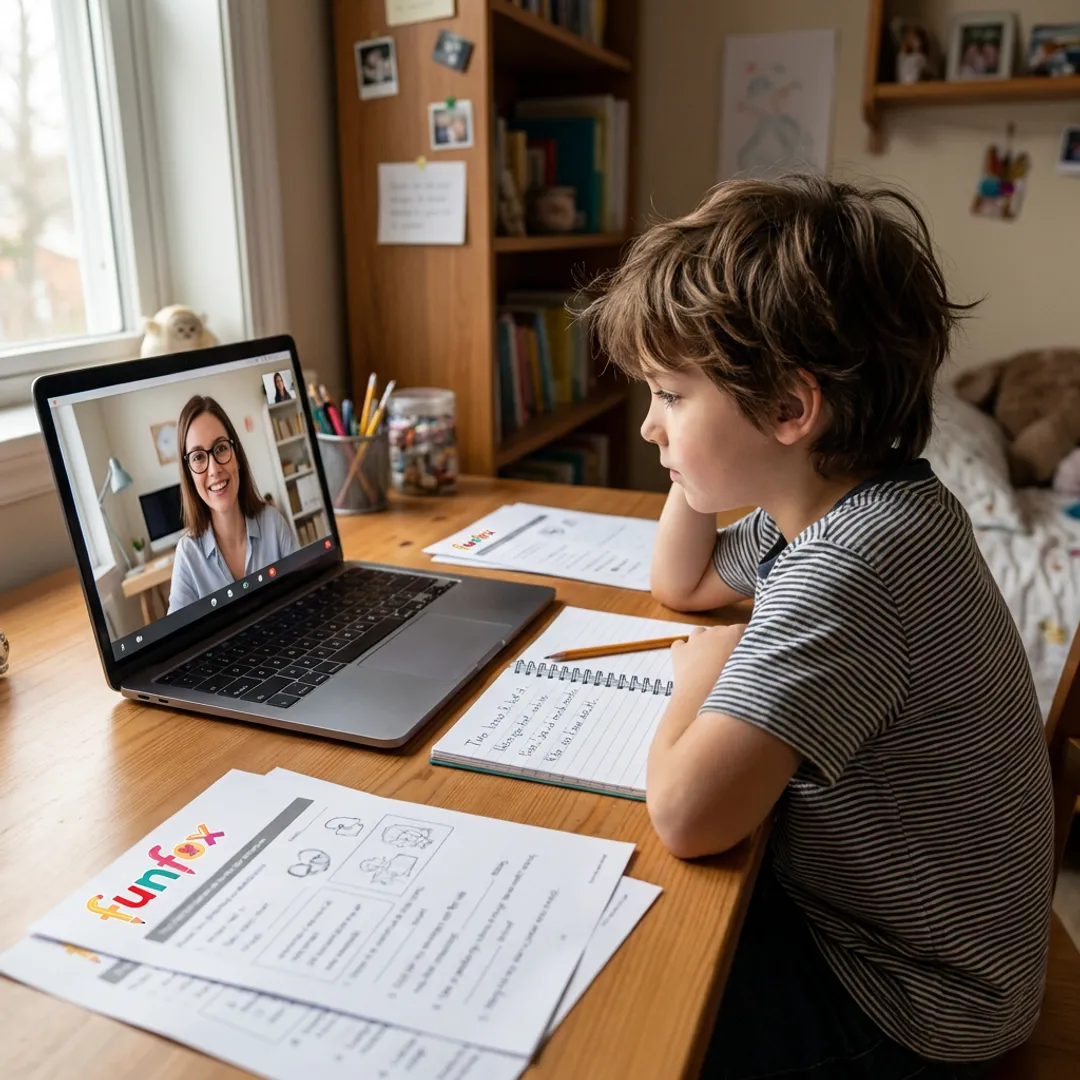Child attending online English writing tutoring class