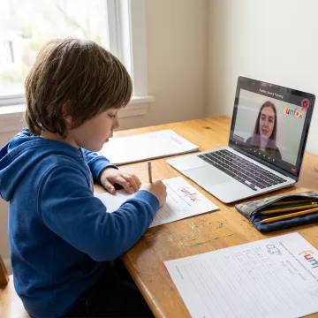 Year 3 student learning online with a tutor