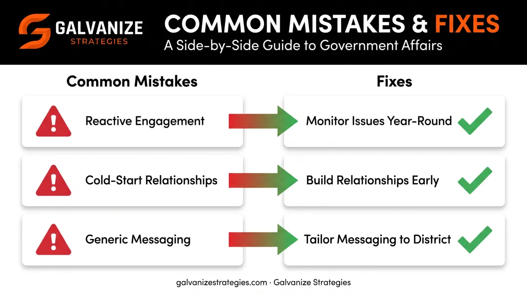 Three common advocacy mistakes paired with corresponding strategic fixes