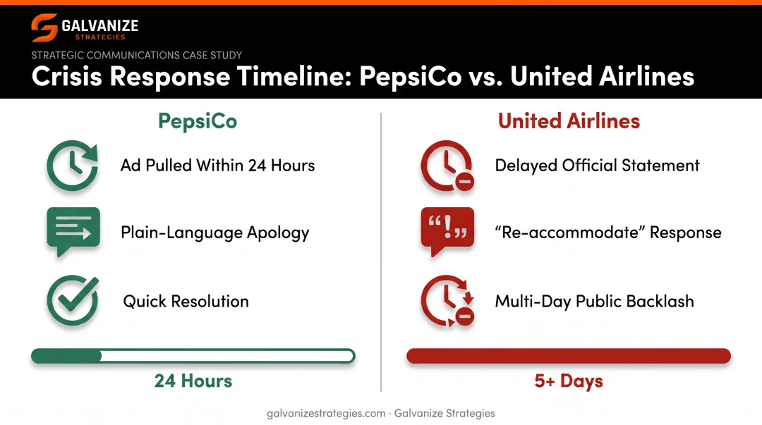 PepsiCo versus United Airlines 2017 crisis response comparison timeline