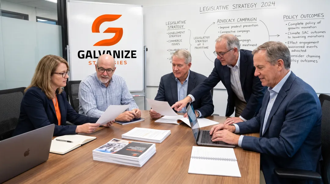 Galvanize Strategies partners discussing legislative advocacy strategy in office setting