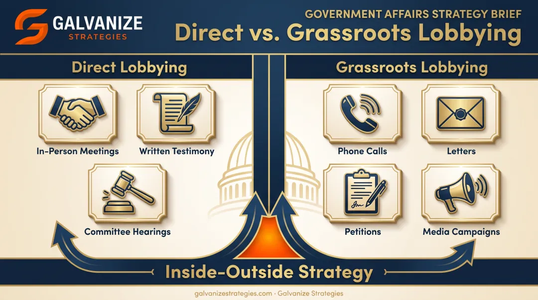 Direct lobbying versus grassroots lobbying strategy comparison diagram