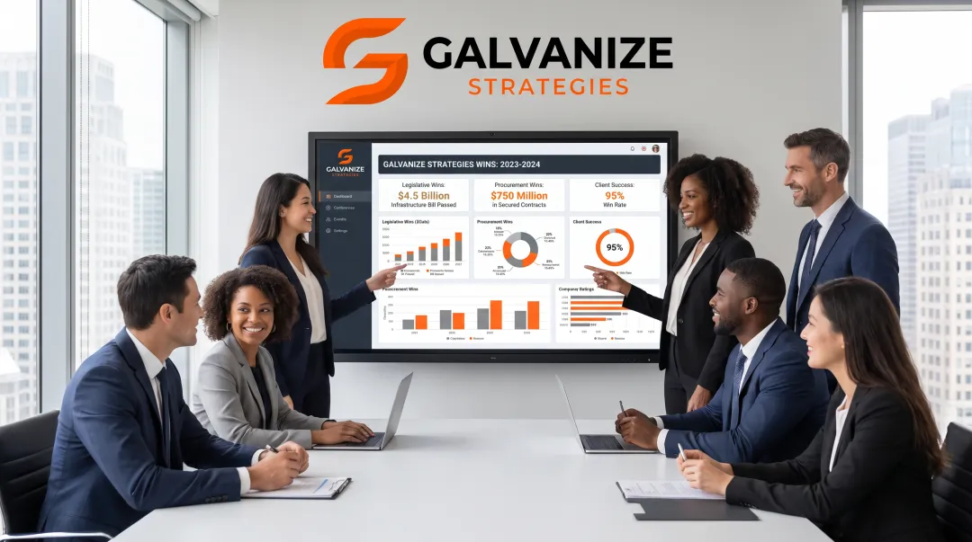 Galvanize Strategies team reviewing legislative and procurement wins together