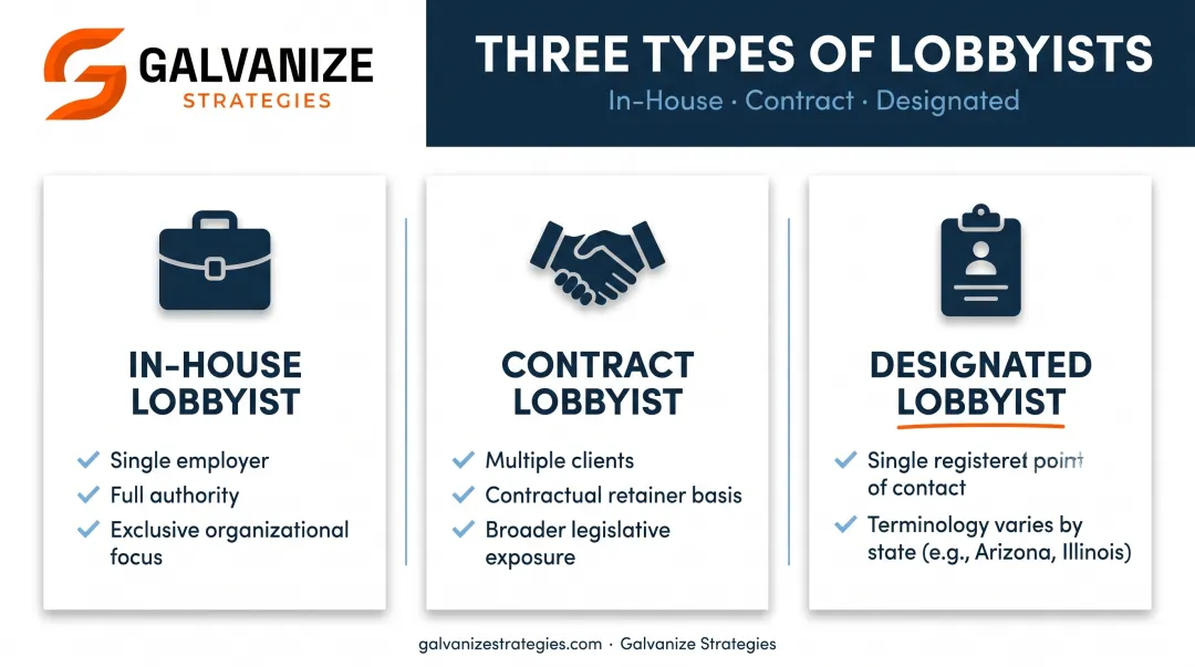 Contract versus in-house versus designated lobbyist role comparison chart