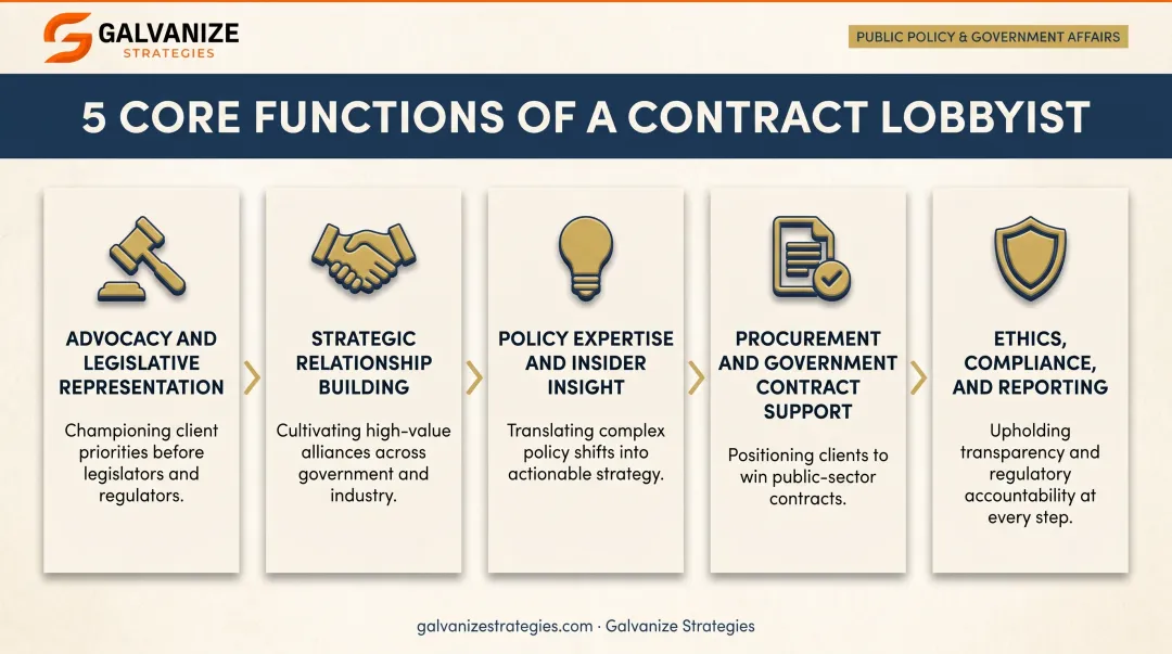 Five core functions of contract lobbyists workflow diagram