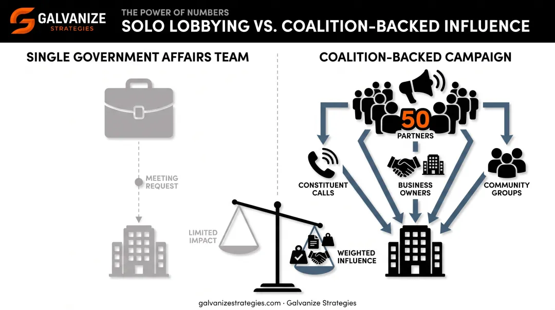 Single advocacy team versus coalition-backed campaign influence comparison