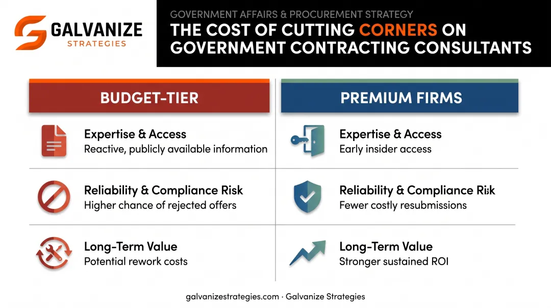 Low-cost versus high-cost government contracting consultant comparison infographic