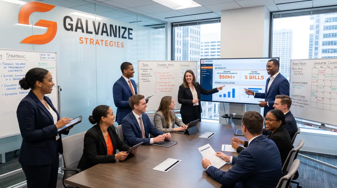 Galvanize Strategies team reviewing government procurement wins and legislative results