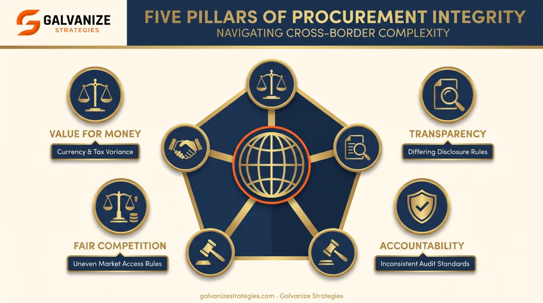 Five pillars of cross-border public procurement principles infographic
