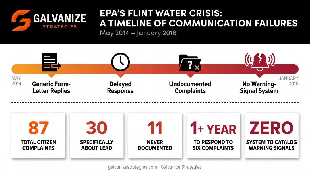 Flint water crisis communication failure timeline showing EPA complaint response gaps