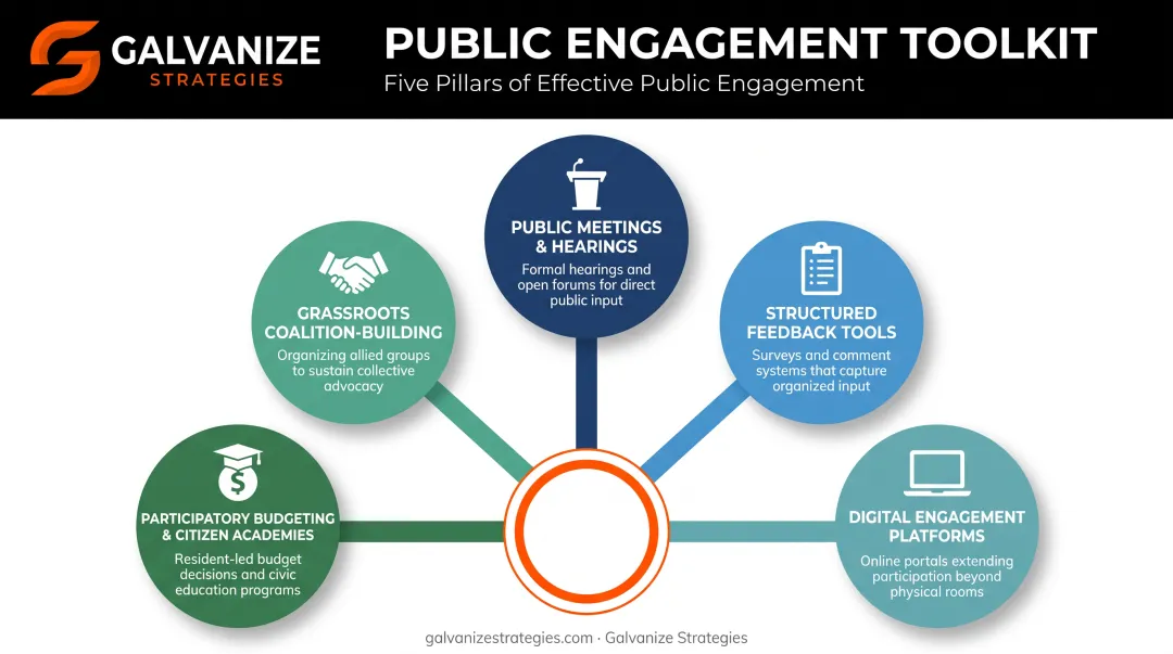 Five types of public engagement tools and tactics overview infographic