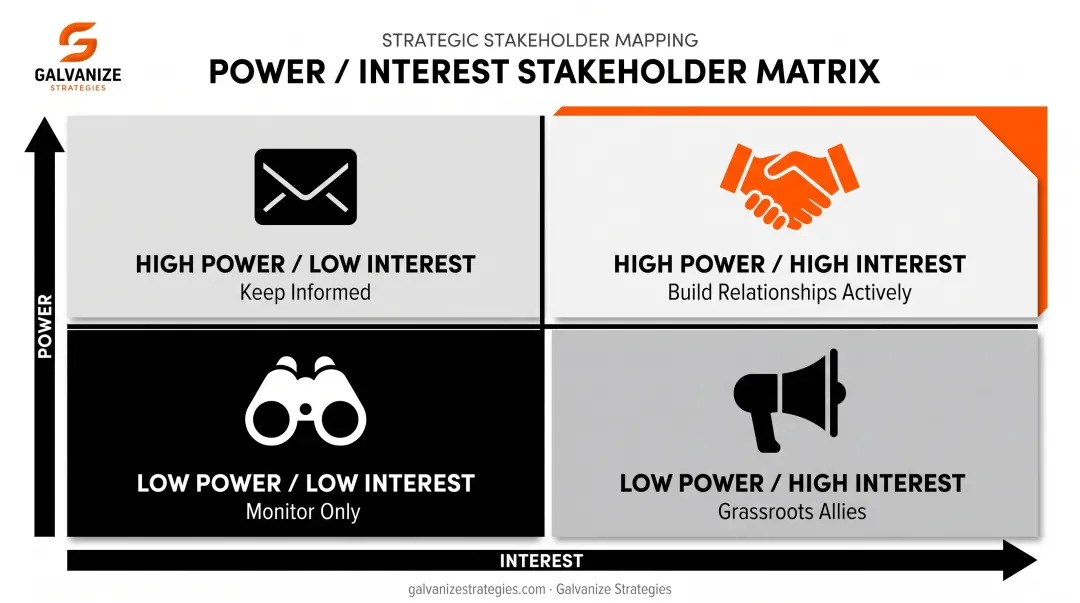 Stakeholder power versus interest mapping matrix for lobbying strategy