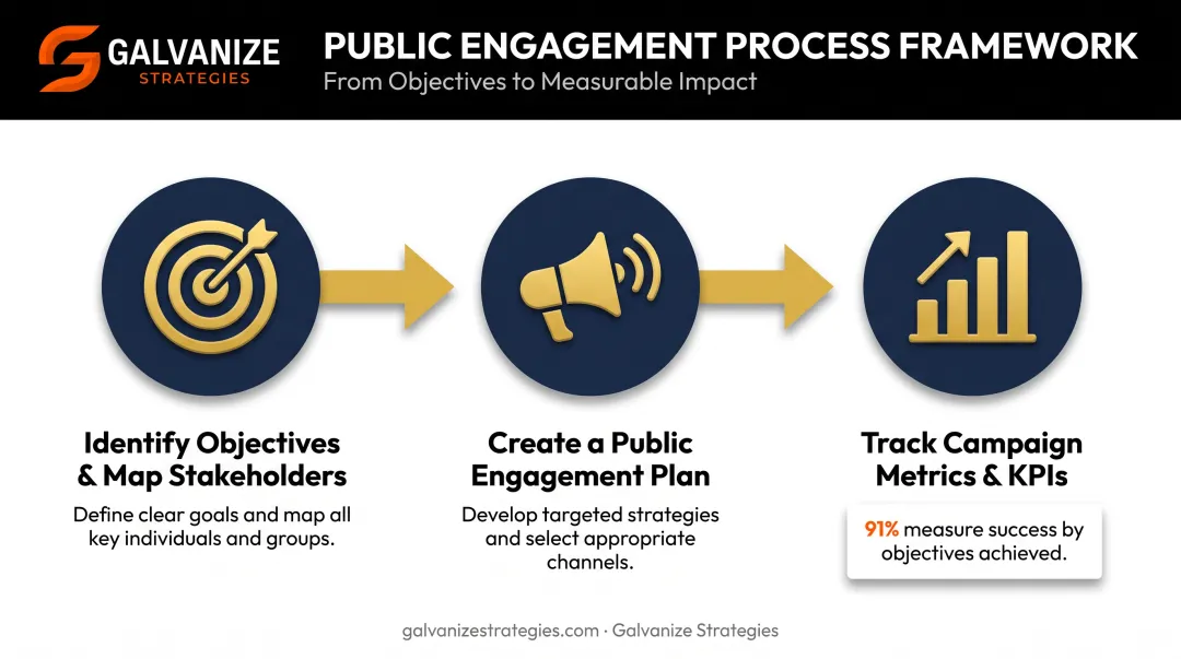 3-step public affairs strategy process from objectives to KPI tracking