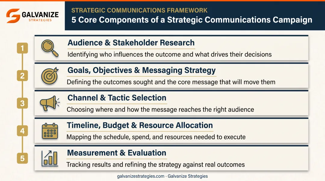Five key components of strategic communications campaign framework diagram