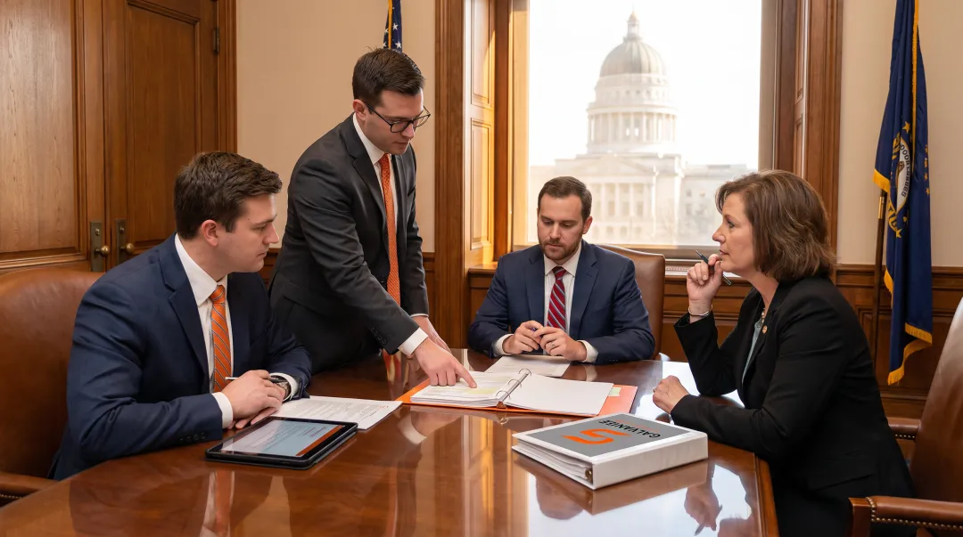 Government relations professionals meeting with policymakers in legislative office setting