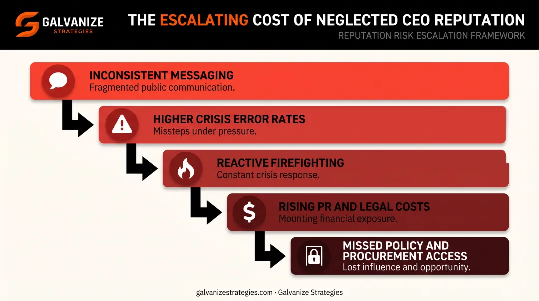 5 consequences of ignoring CEO reputation management downward spiral infographic
