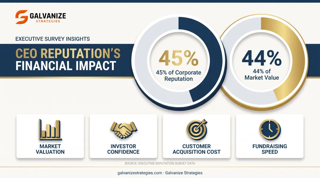 CEO reputation impact on corporate valuation and market value statistics infographic