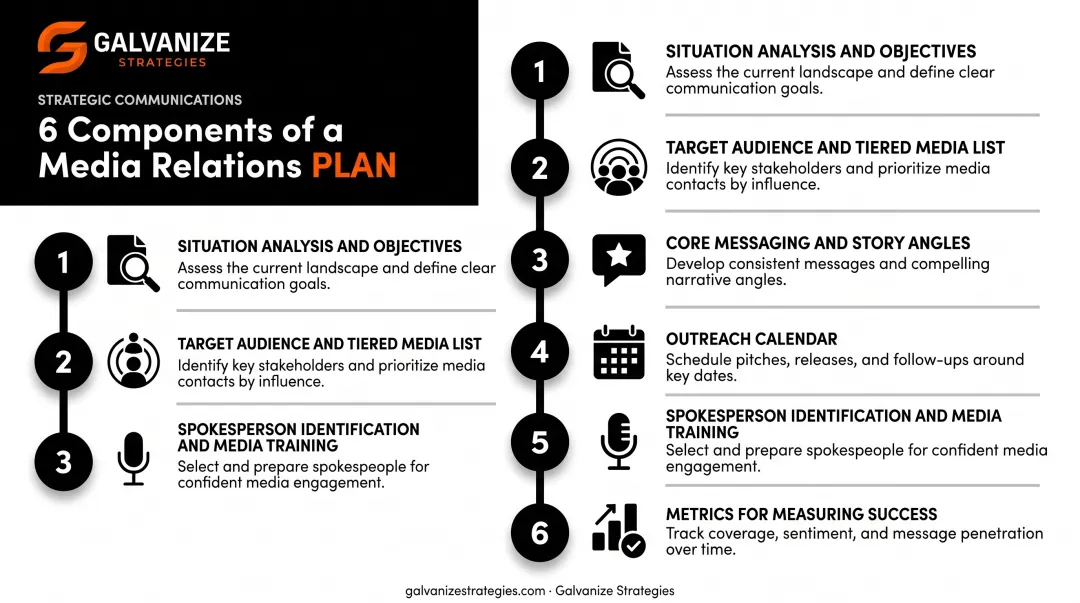 Six-component media relations plan framework from objectives to metrics
