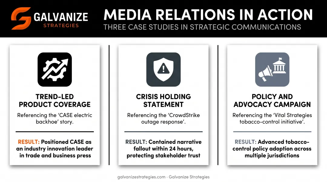 Three real-world media relations case studies comparison infographic