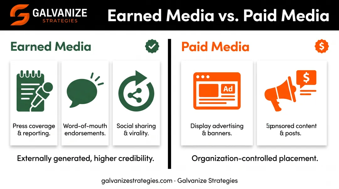 Earned media versus paid media comparison chart for PR campaigns
