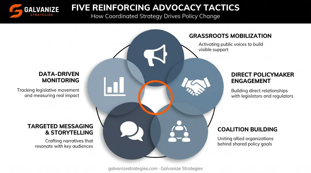 Five strategic advocacy tactics infographic from grassroots to data monitoring