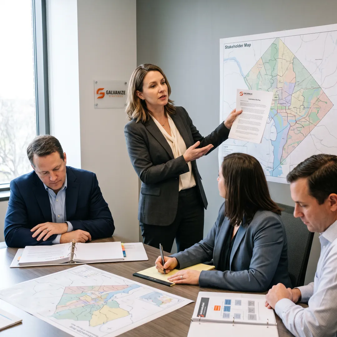 Advisor presenting a public policy strategy