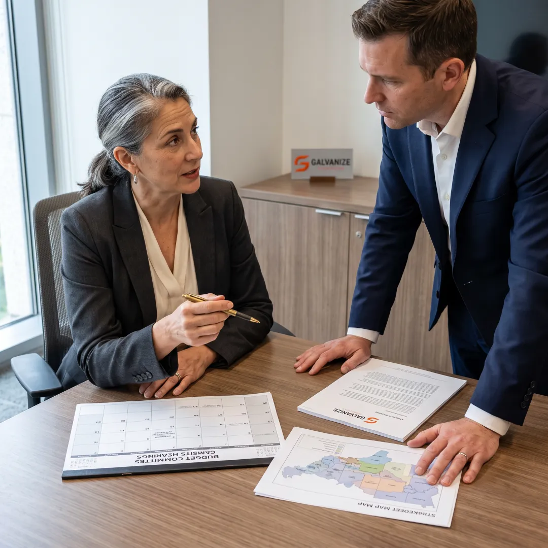 Policy strategist reviewing advocacy plan