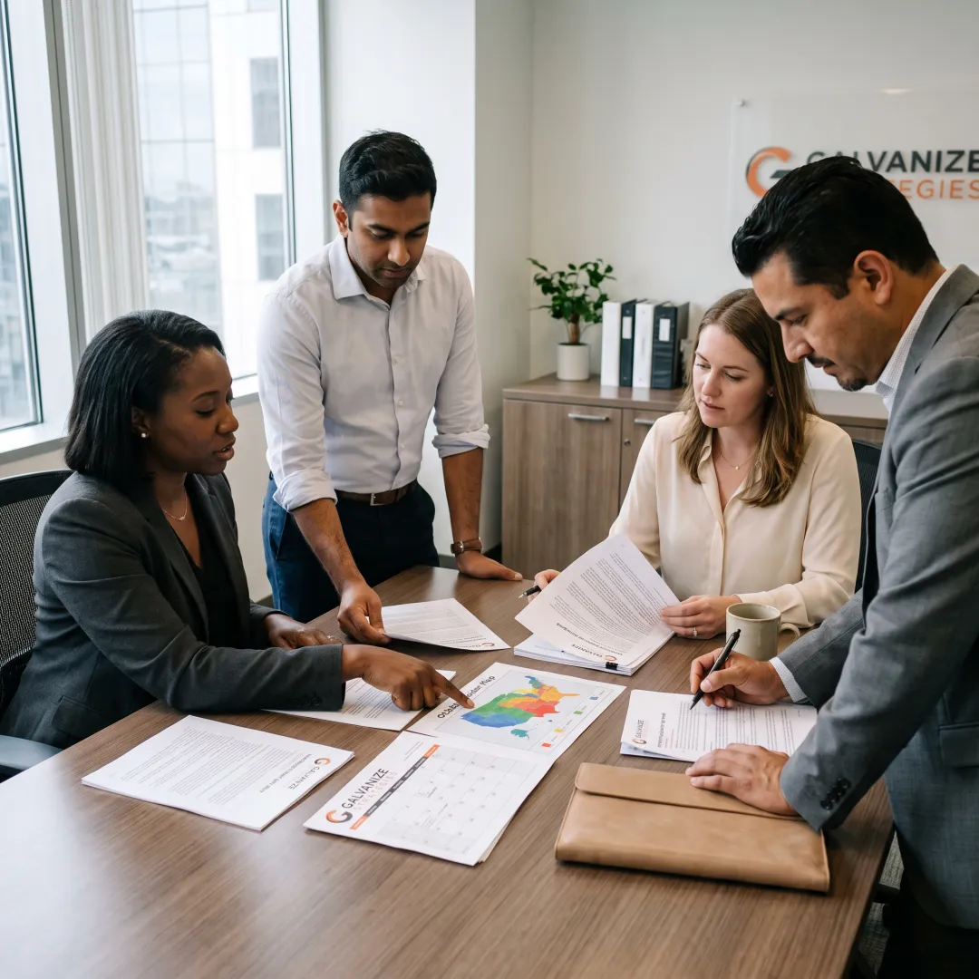 Advocacy team reviewing a public-policy strategy