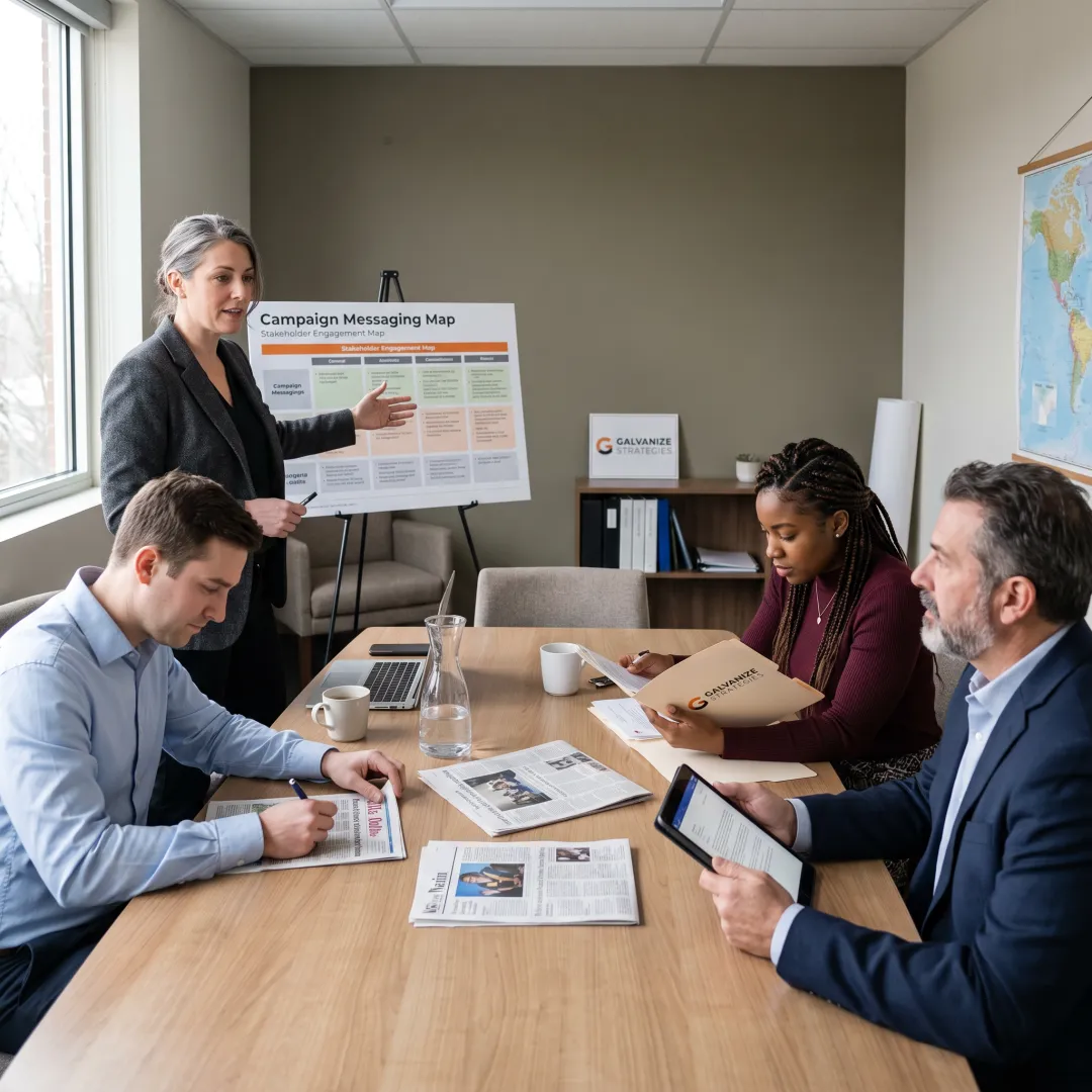 Strategic public relations team planning a media campaign