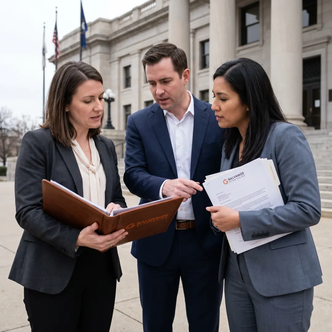 Policy professionals meeting at a government building
