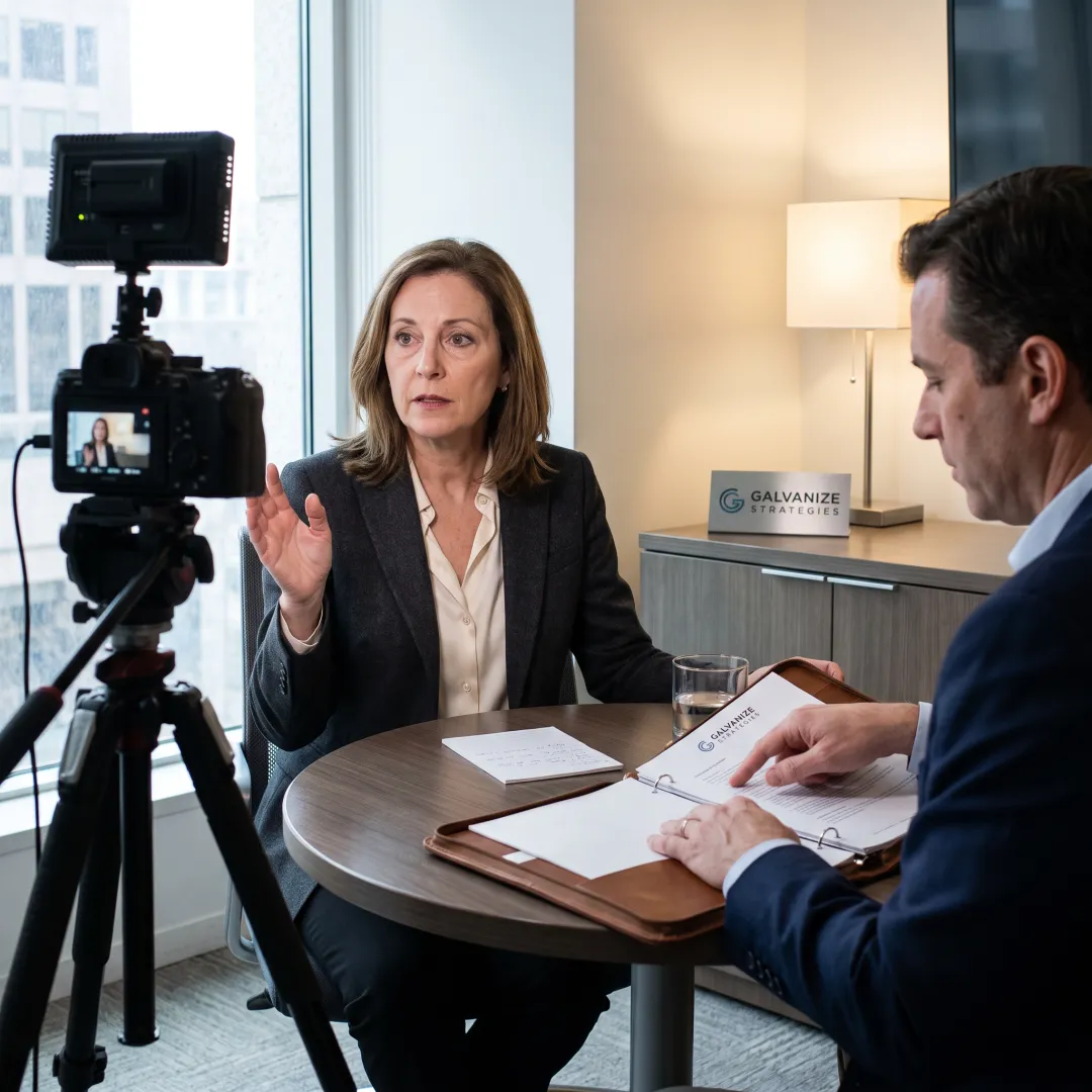 Spokesperson practicing an interview with a communications advisor