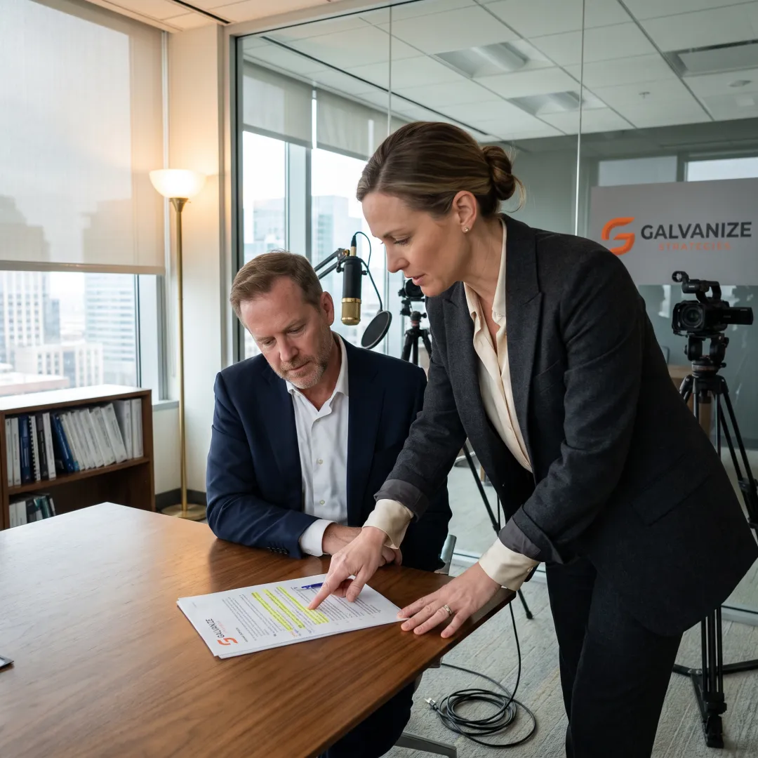Consultant coaching a spokesperson before an interview