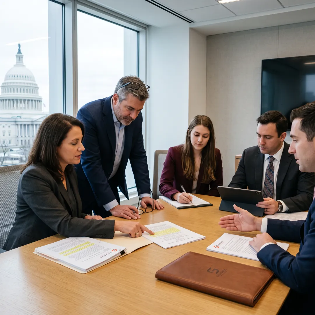 Professionals meeting to discuss federal policy strategy