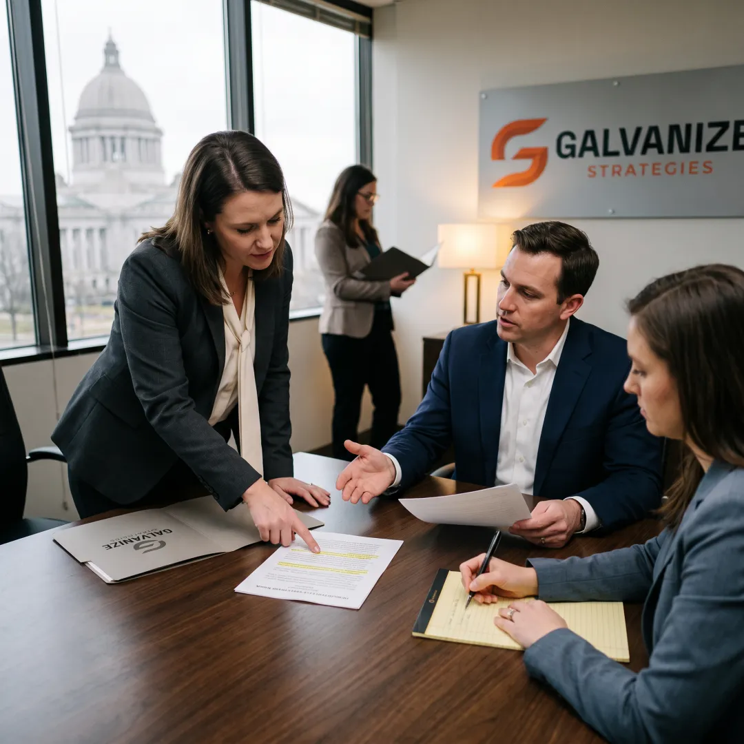 Policy strategists meeting near a government building