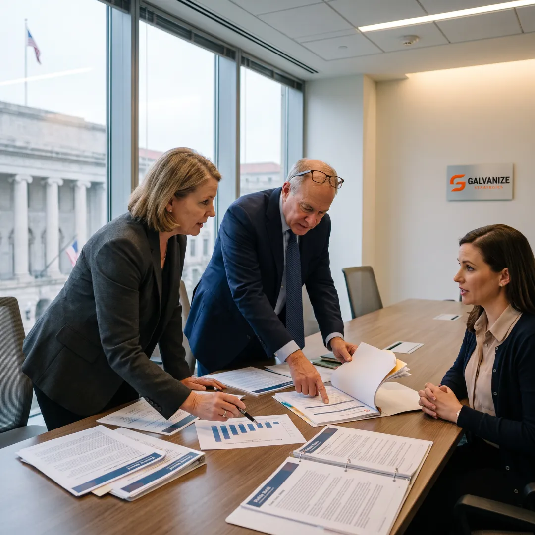 Healthcare executives reviewing a government contract proposal