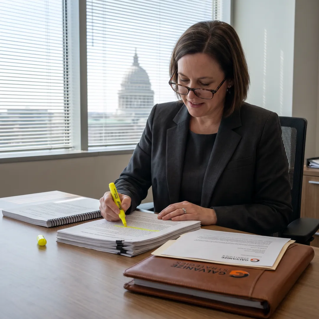 Policy professional reviewing state legislation