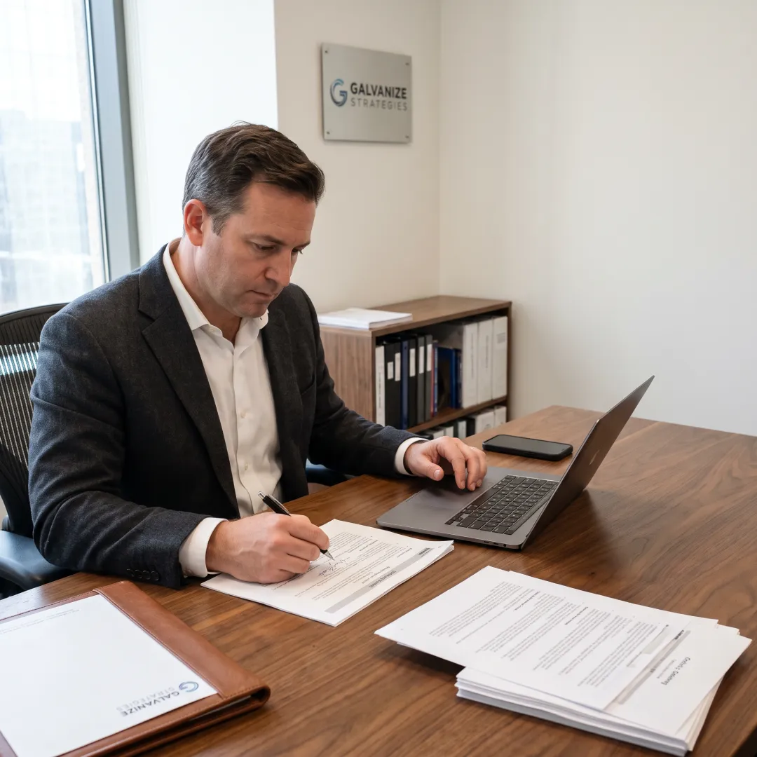 Advisor preparing strategic crisis communications materials