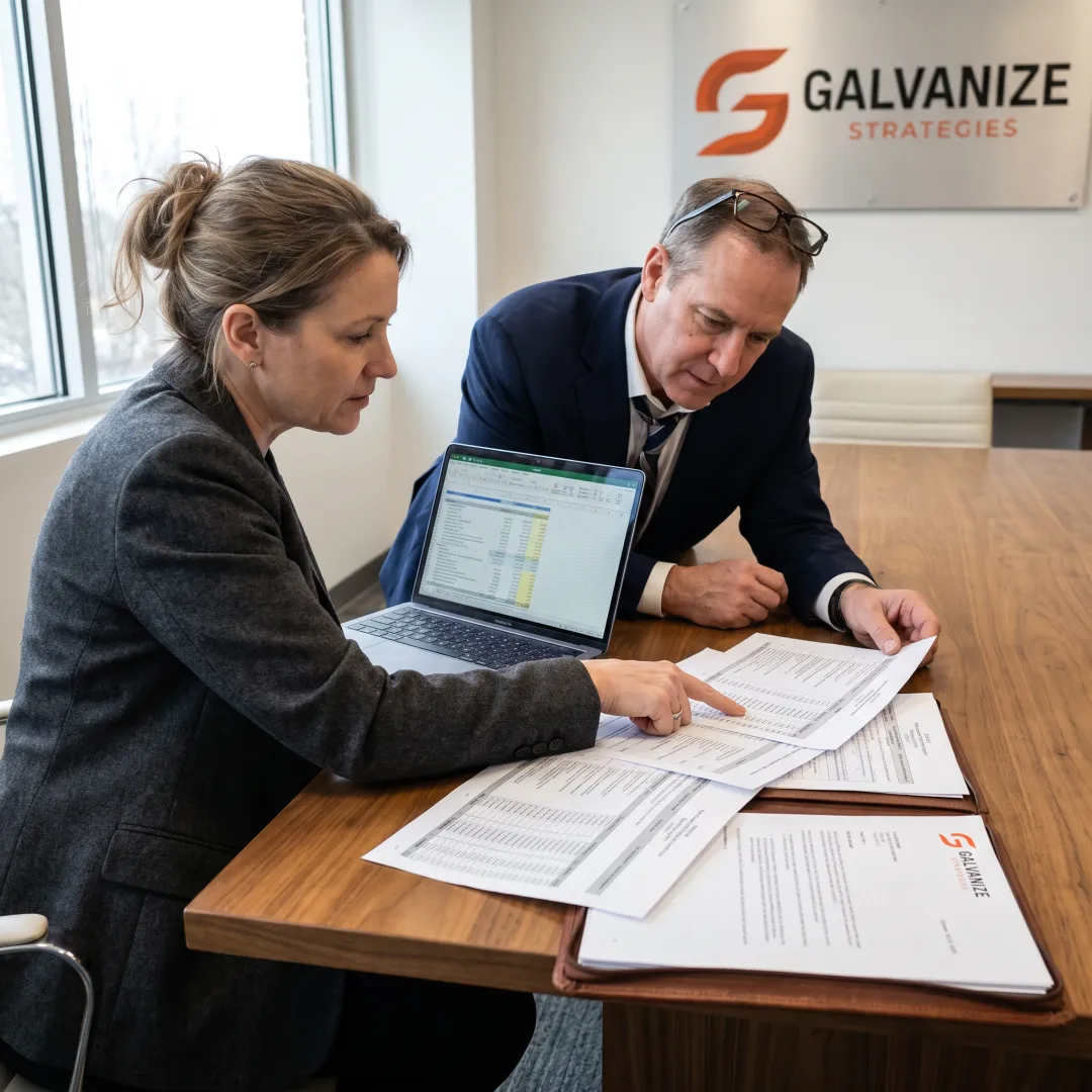 Consultants reviewing government procurement documents