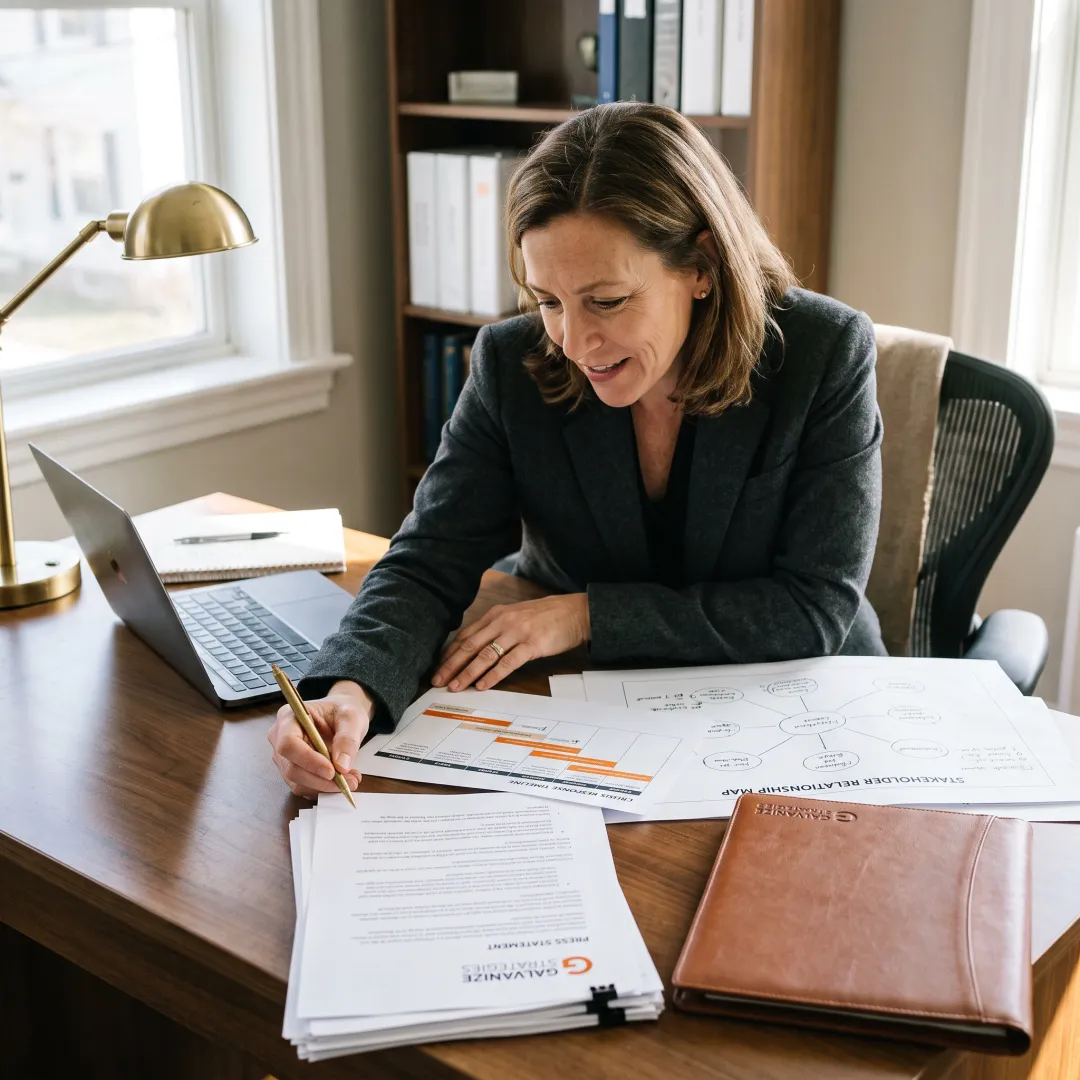 Advisor preparing a strategic crisis communications plan