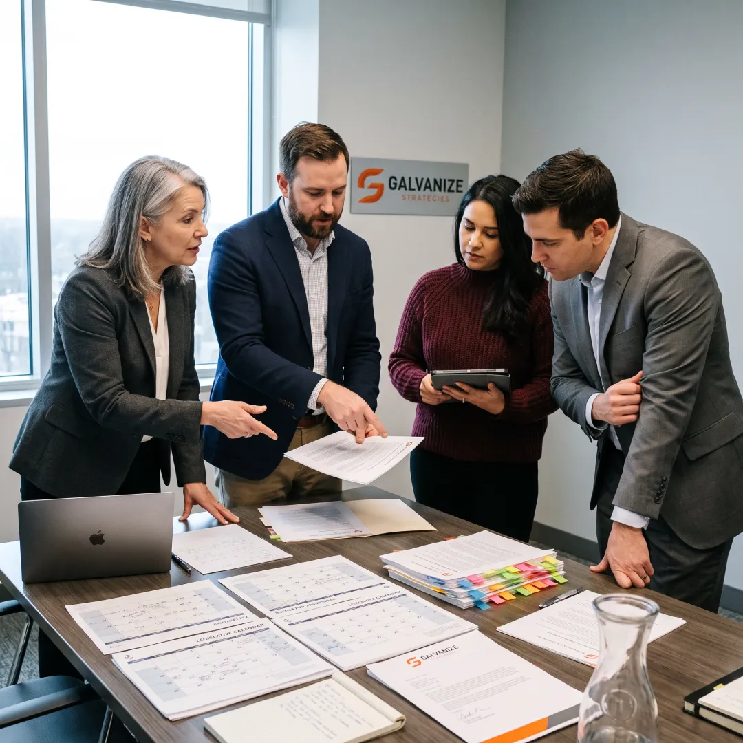 Advocacy team planning an energy policy strategy