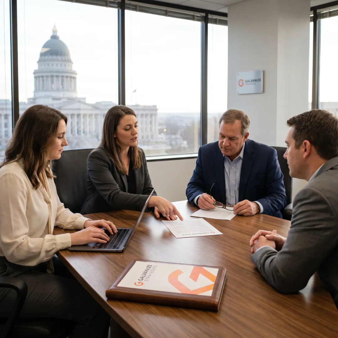 Government affairs professionals meeting at a state capitol