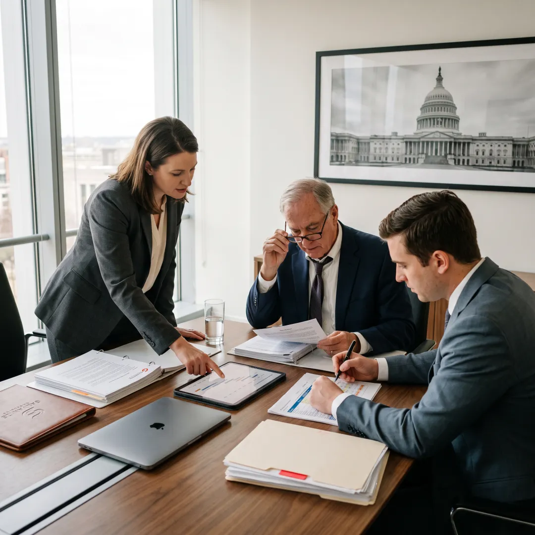 Government affairs professionals reviewing policy strategy