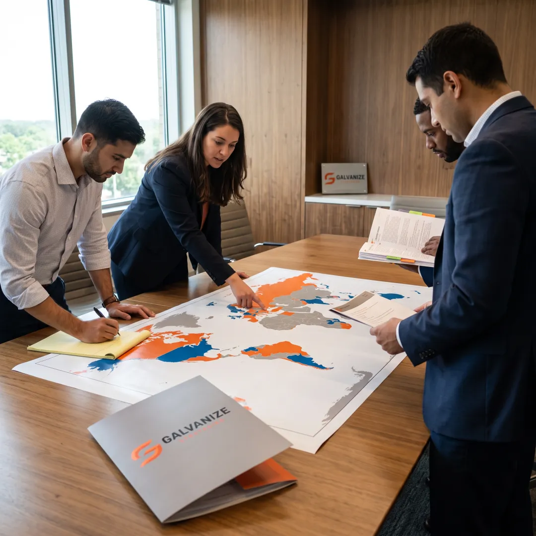 Consultants discussing international development strategy