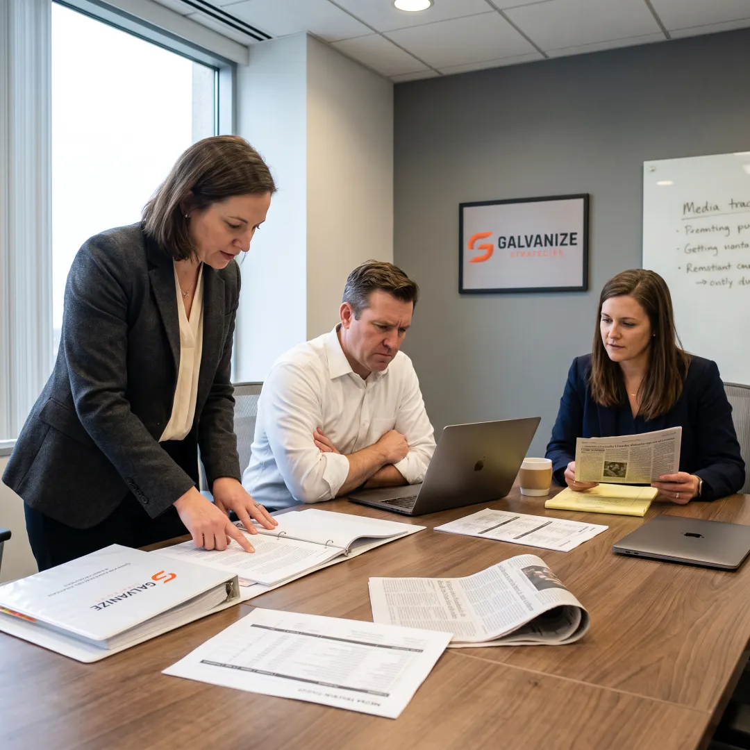 Communications team planning a public relations strategy