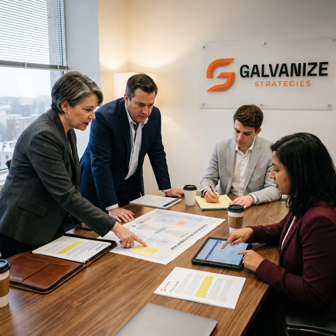 Advocacy team reviewing policy strategy
