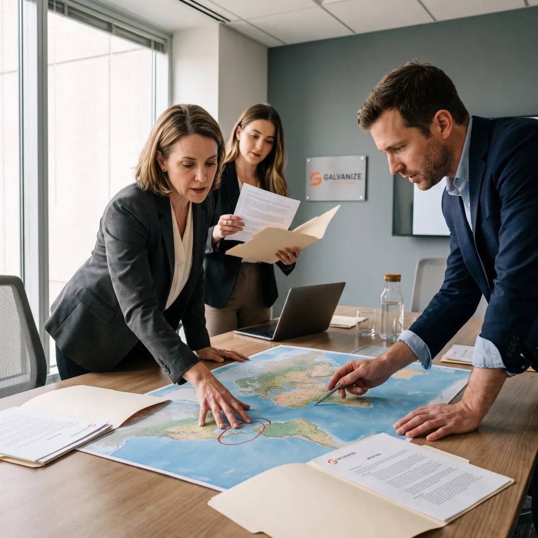Policy advisors meeting over an international strategy map