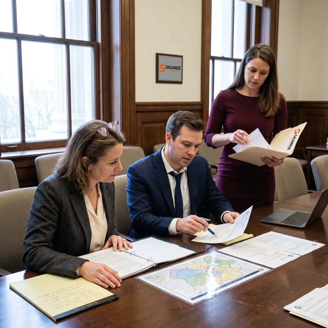 Policy professionals meeting at a state capitol