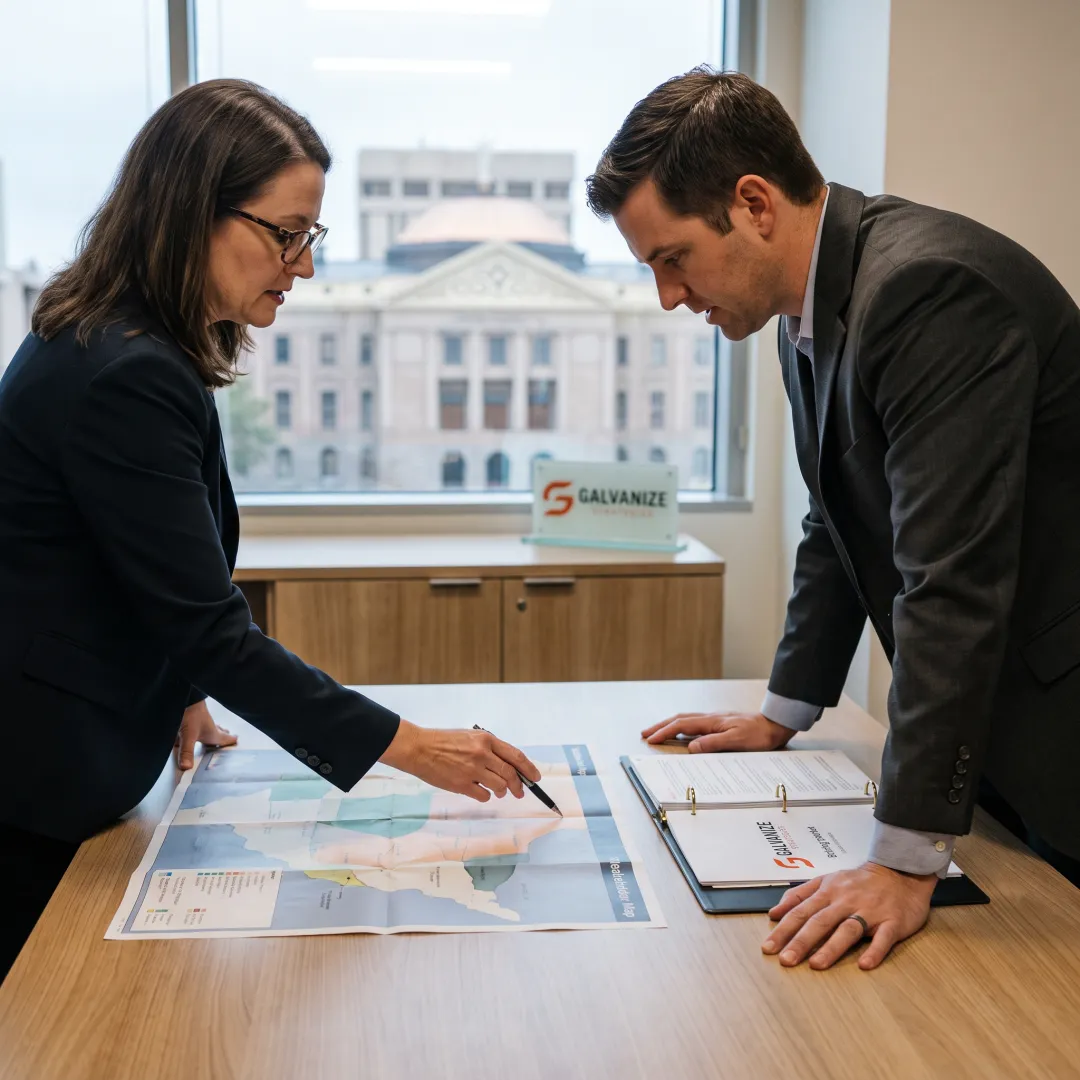 Policy advisors reviewing an advocacy strategy