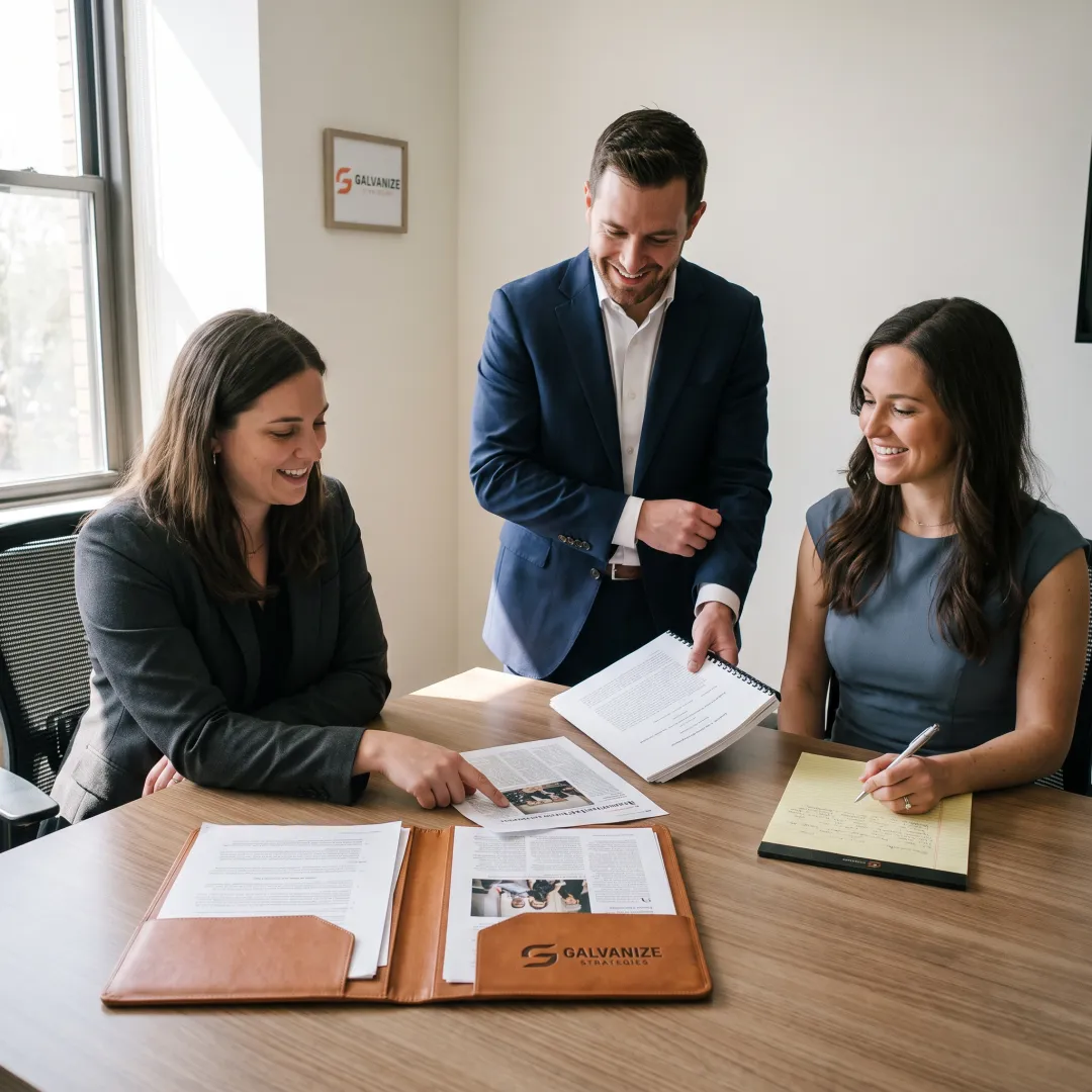 Legal communications team planning a media strategy